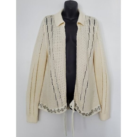 One Girl Who Open Knit Collared Cardigan Embellished Tie Front Hem  Cottagecore - Picture 7 of 12